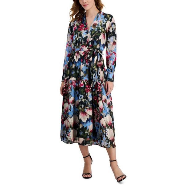 Anne Klein Womens Satin Floral Midi Dress