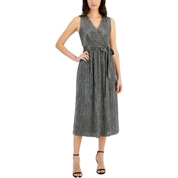 Anne Klein Womens Metallic Sleeveless Midi Dress