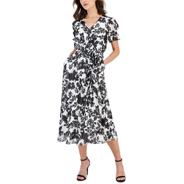 Anne Klein Womens Floral Print V-Neck Midi Dress